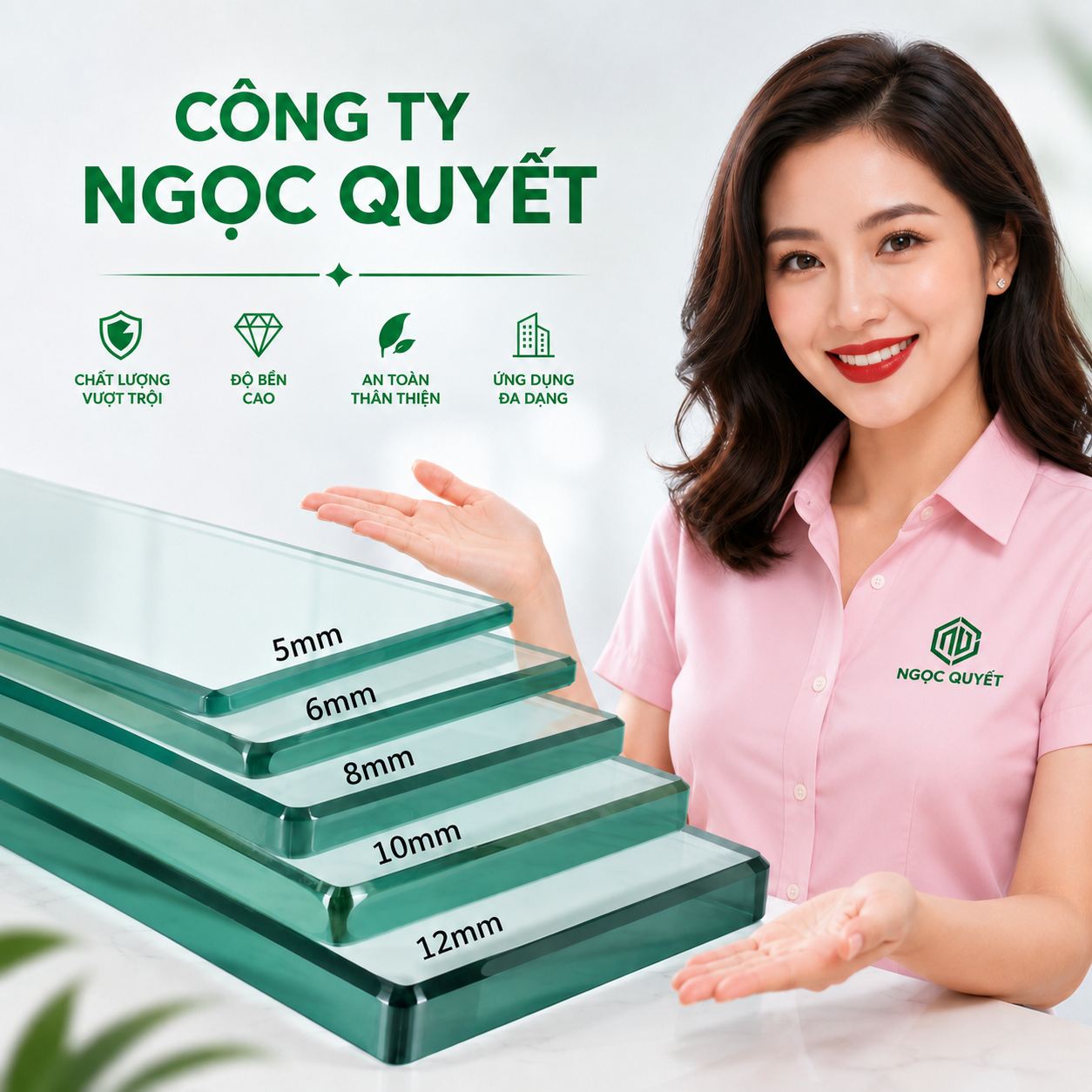 Nhân viên công ty Ngọc Quyết giới thiệu các tấm kính cường lực dày 5mm đến 12mm chất lượng cao